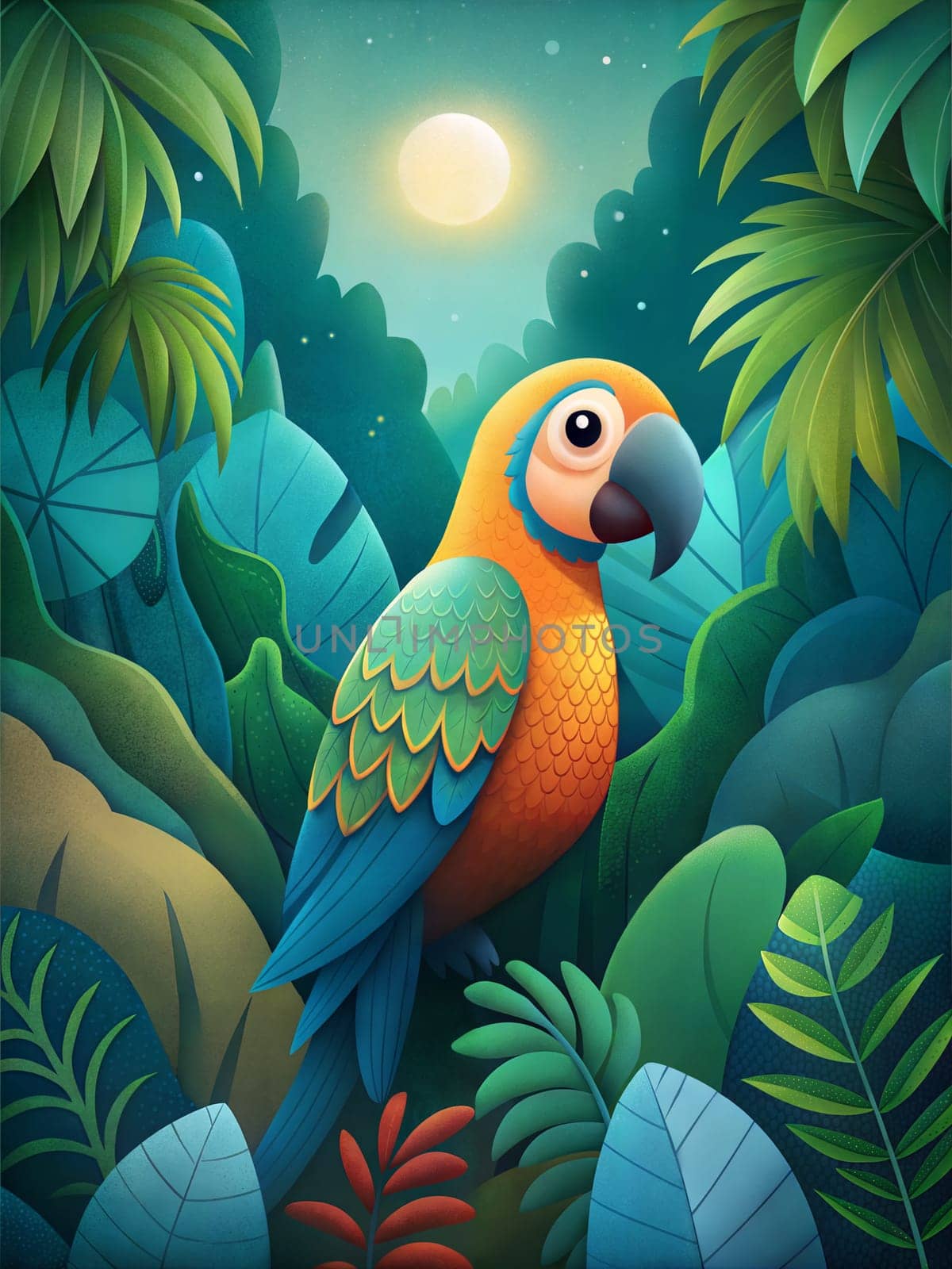 Tropical exotic macaw Ara parrot in the night jungle. Ai generated image