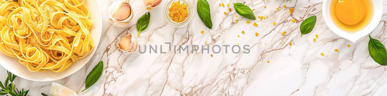 Pasta recipe preparation flatlay background with ingredients, spaghetti, olive oil, garlic, tomatoes and spices in the kitchen, homemade food recipe by Anneleven