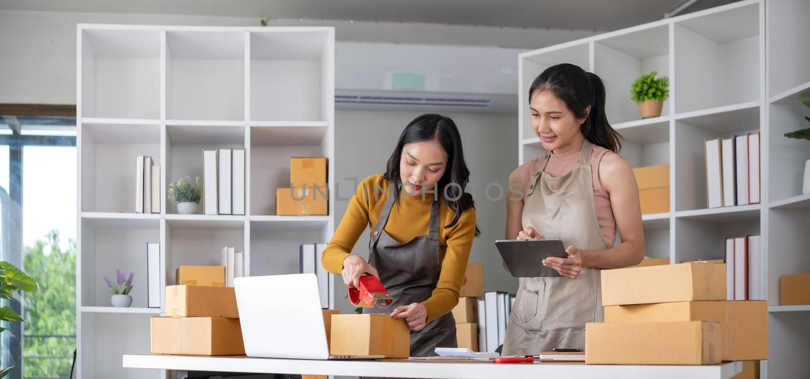 Couple of young Asian women running a small business together selling products online using laptops by wichayada