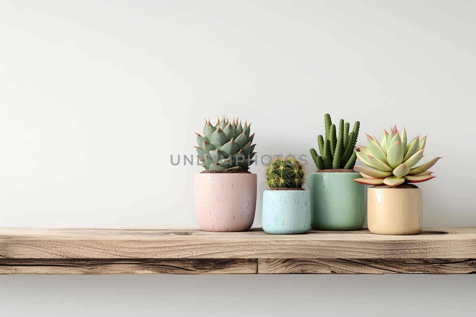 A rectangular hardwood shelf with various houseplants in flowerpots, serving as a beautiful piece of shelving on the wooden table