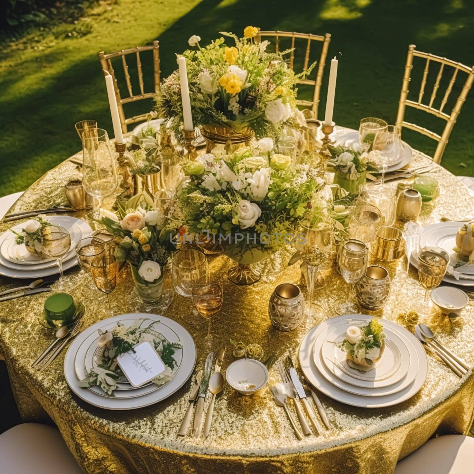 Holiday tablescape, golden formal dinner table setting, table scape with gold decoration for wedding party and event celebration, post-processed, generative ai