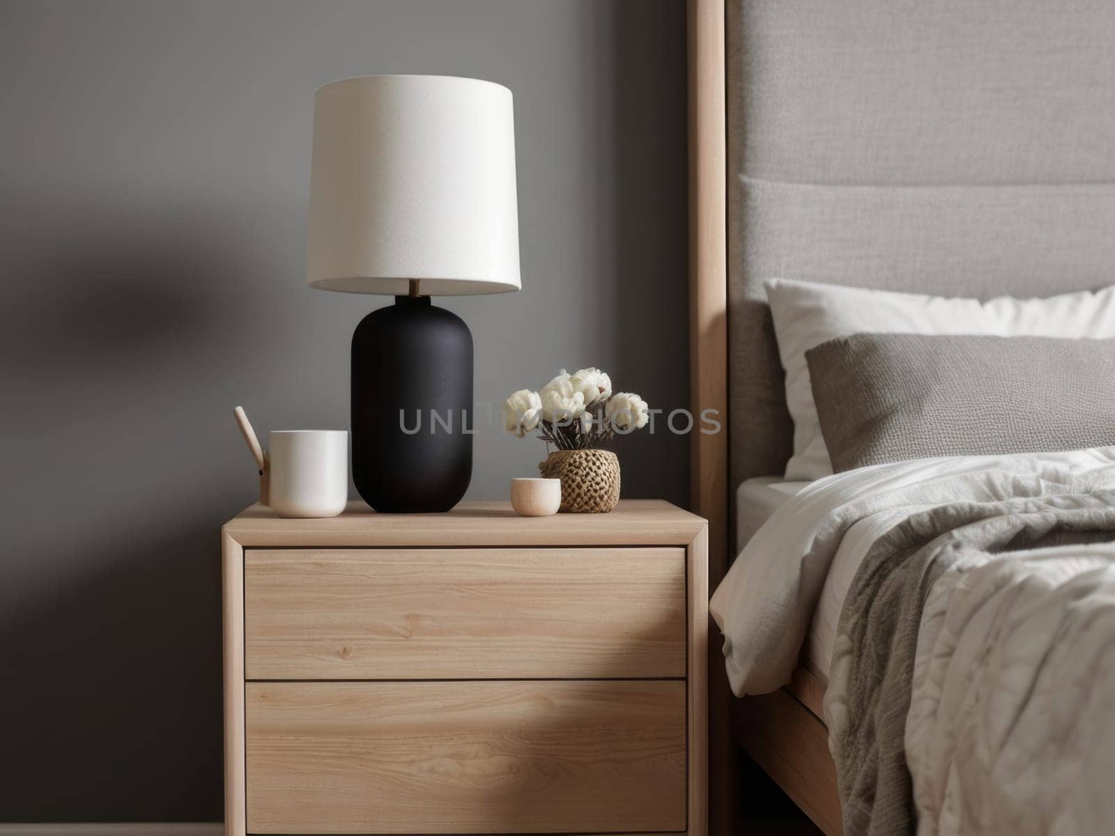 A cozy nightstand with a stylish lamp and fresh flowers, adding charm to the bedroom. Minimalist Scandinavian home interior design