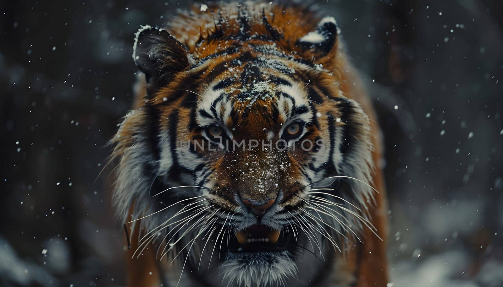 A Siberian tiger, a terrestrial animal and carnivore from the Felidae family, with whiskers and powerful big cats, is walking through the snowy woods