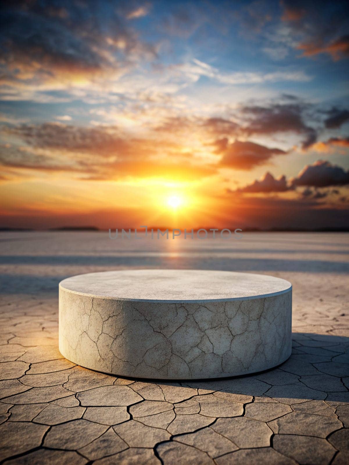 Round white podium for displaying goods for advertising against the background of a desert. Ai generated image by alenamoore