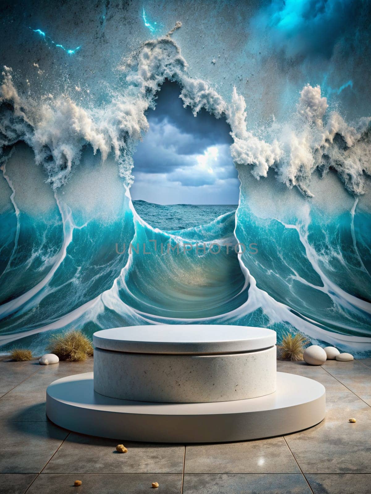 Round white podium for displaying goods for advertising against the background of a tsunami. Ai generated image by alenamoore