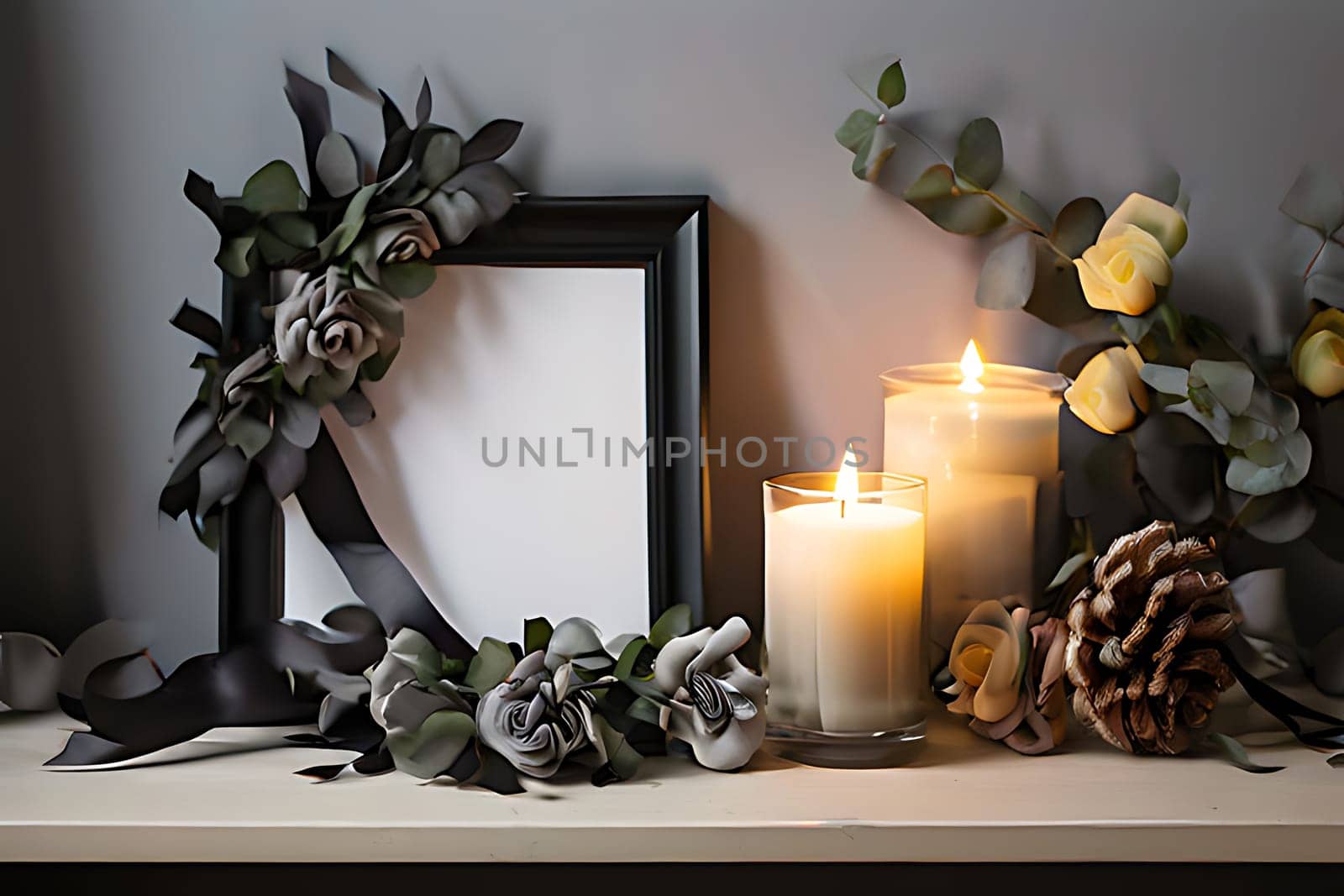 A mantle is adorned with candles, flowers, and a picture frame. The candles are flickering, casting a warm glow on the surrounding decor. The flowers add a touch of color and freshness to the arrangement. A picture frame sits prominently, showcasing a cherished memory or artwork.