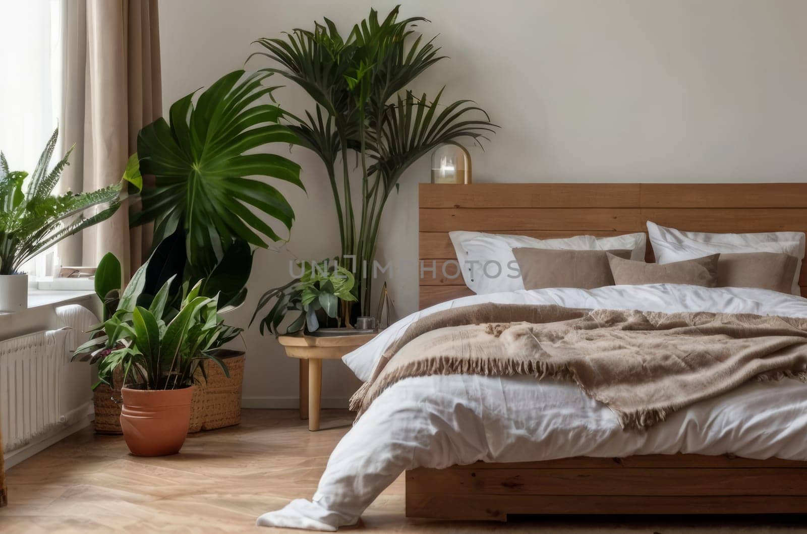 Peaceful setting in a home garden, bedroom in white-wood style. Close-up on bed, wooden parquet, and abundance of greenery. Interior design inspired by urban jungles. Biophilia concept