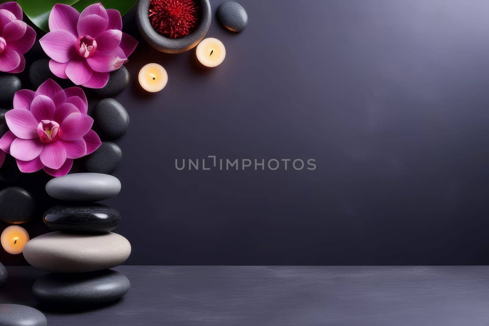 Spa gray background with massage stones, exotic flowers and copy space