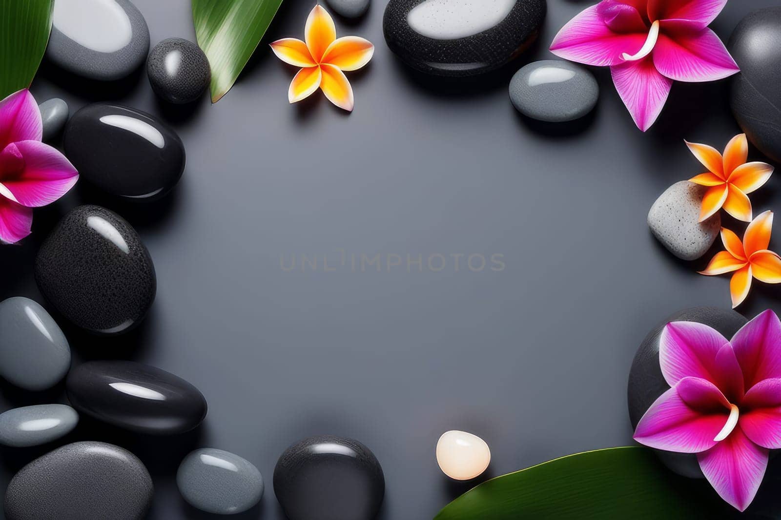 Spa gray background with massage stones, exotic flowers and copy space
