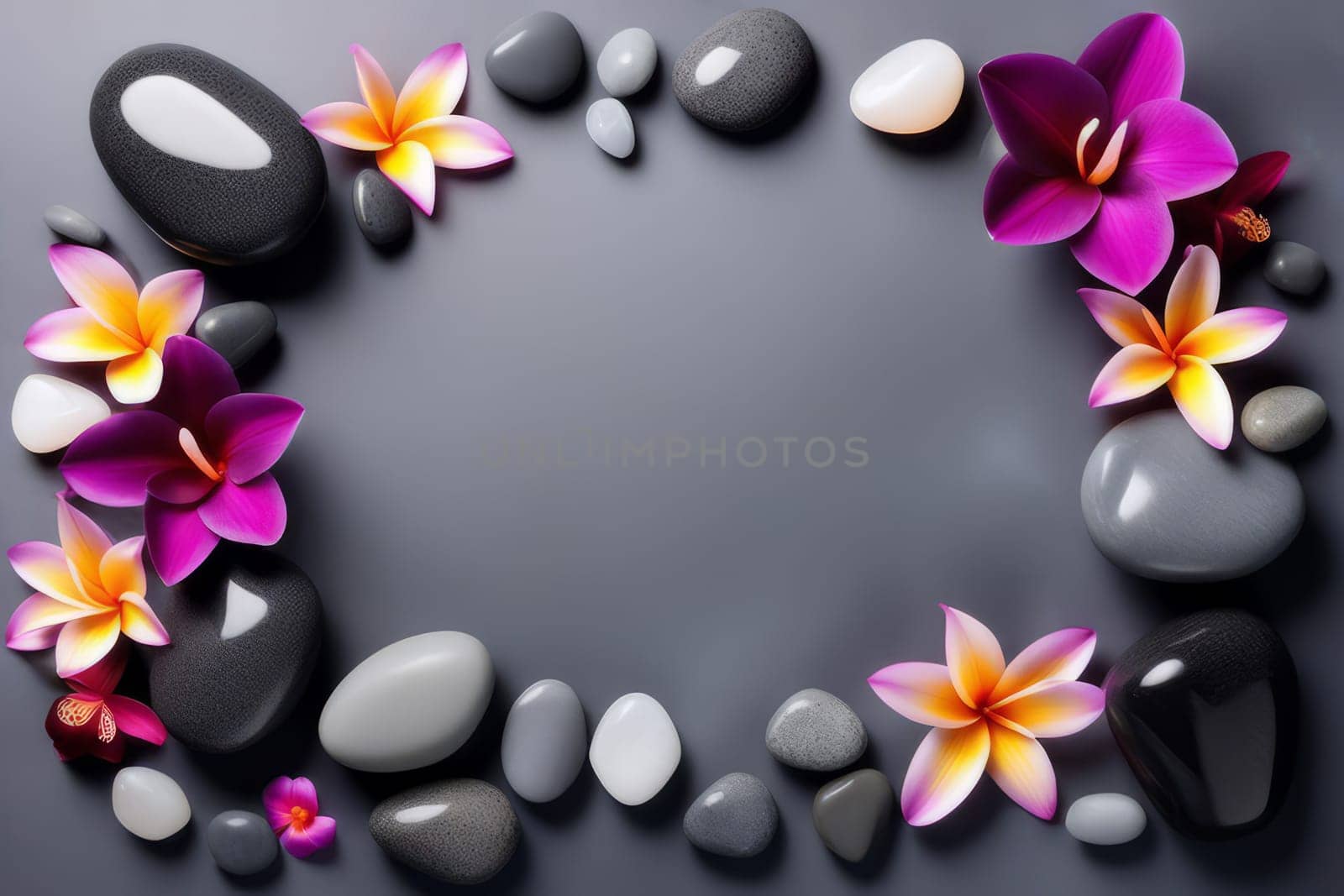 Spa gray background with massage stones, exotic flowers and copy space