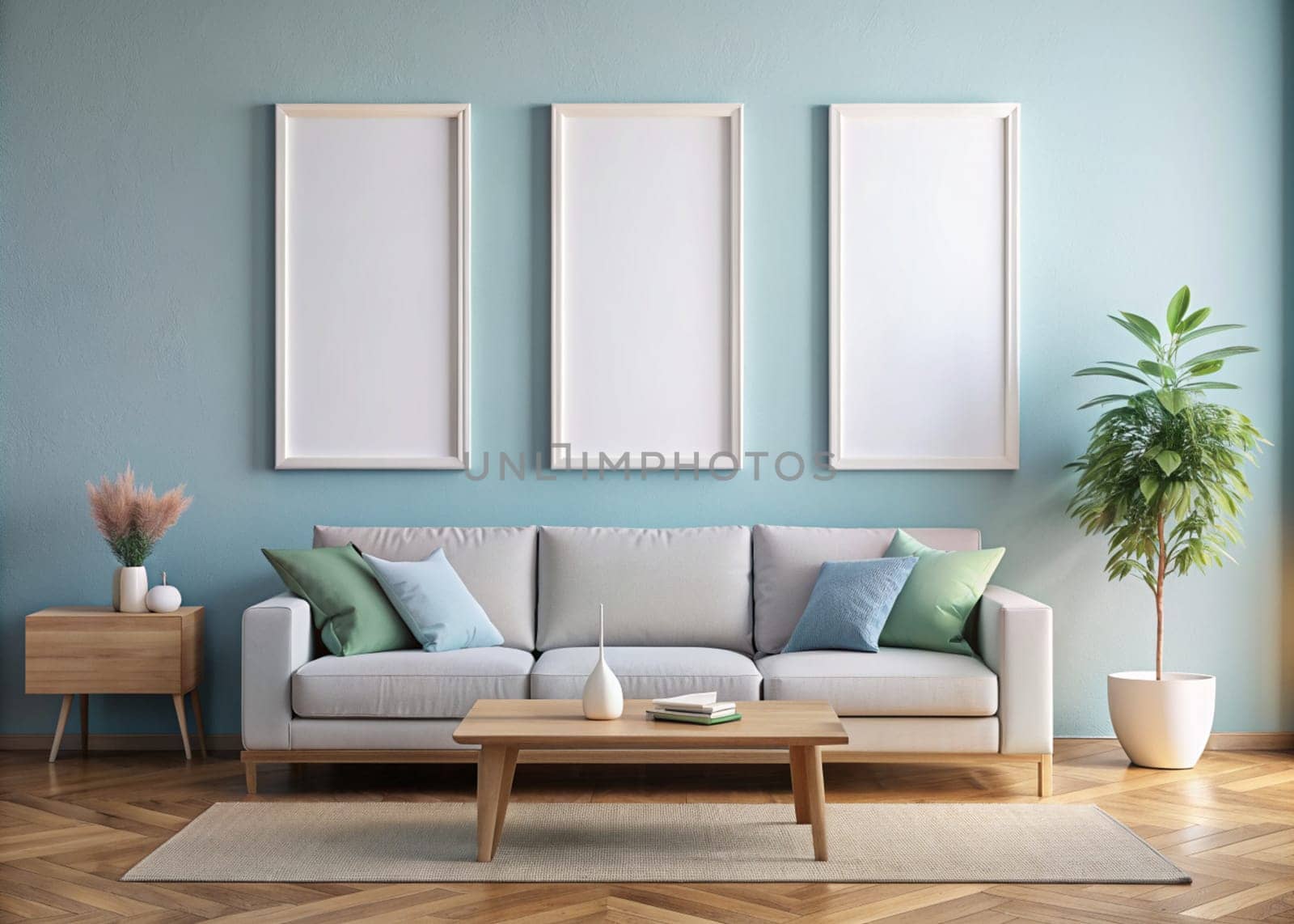 Modern scandinavian home interior with mock up photo frame. Stylish light blue living room. Template. Ai generated by alenamoore