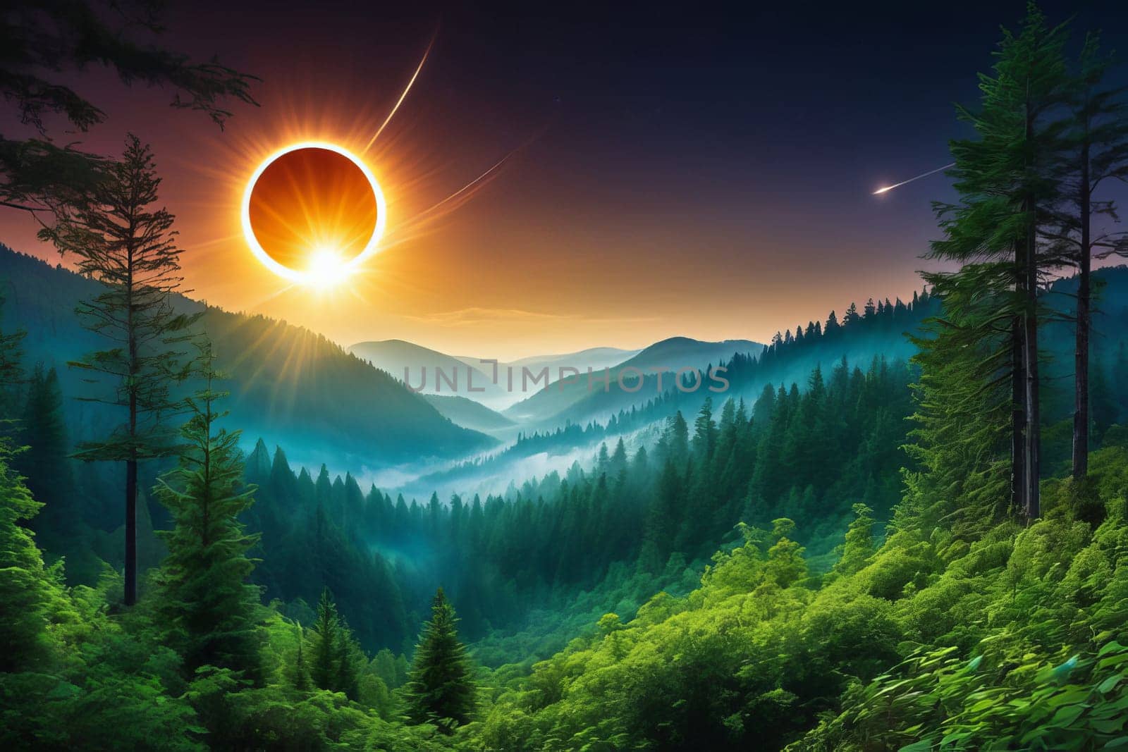 Beautiful landscape of a misty forest with a bright sunrise in the background and a crescent moon in the sky. The forest is full of lush green trees and a variety of wildlife.