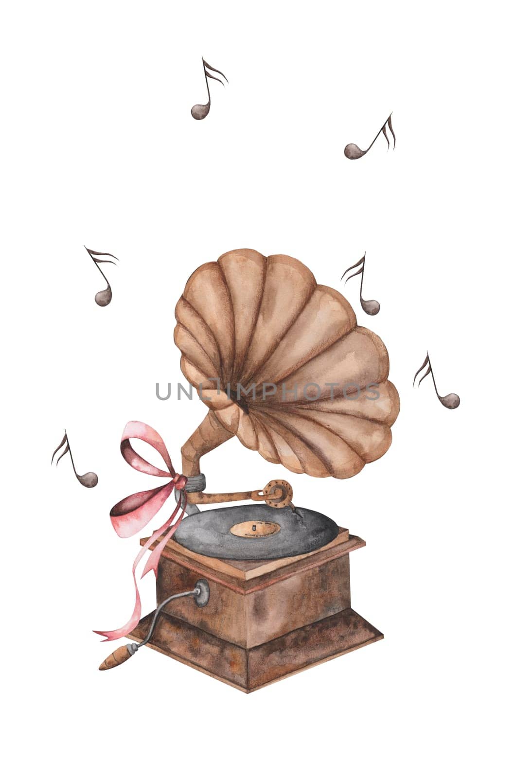 Gramophone watercolor. Postcard with a musical instrument and notes. Hand drawn isolated on white background. For invitations and cards for Music Day, International Dance and Cultural Worker Day. Vintage musical instruments