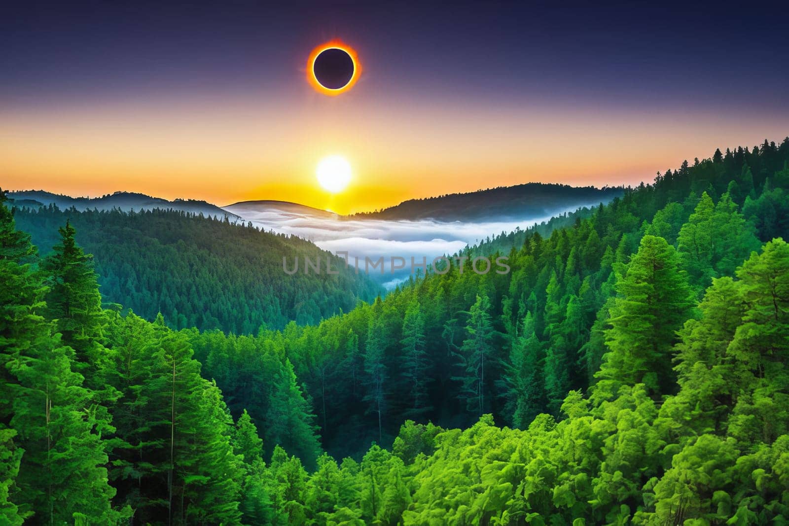 The setting sun is partially obscured by the moon, casting a golden glow over the misty forest below. The sky is deep blue, the suns rays are tinged with orange and yellow, creating a serene scene.