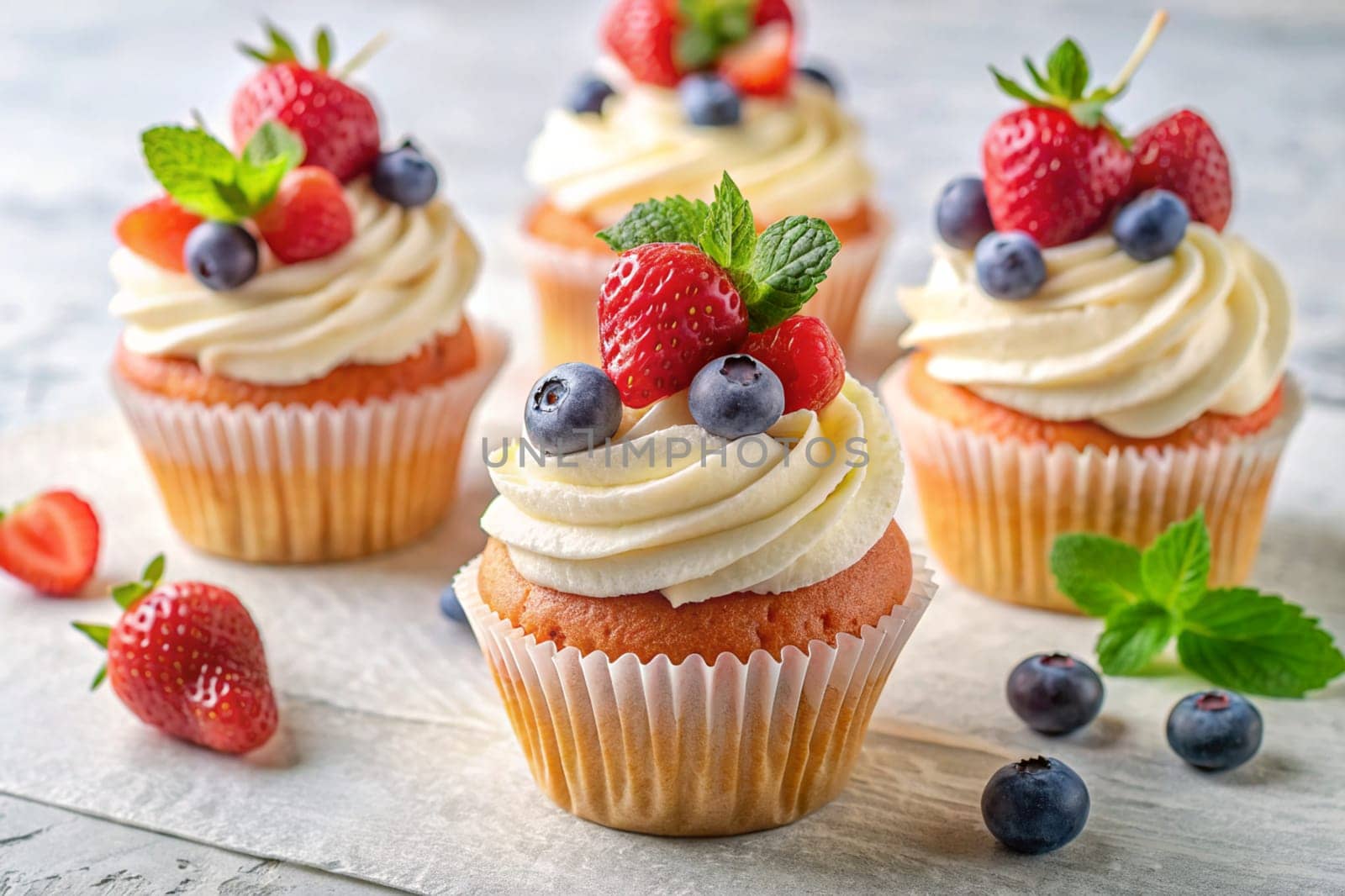 Beautiful cupcakes with cream decorated with fresh blueberries, strawberries and mint leaves. Ai generated by alenamoore