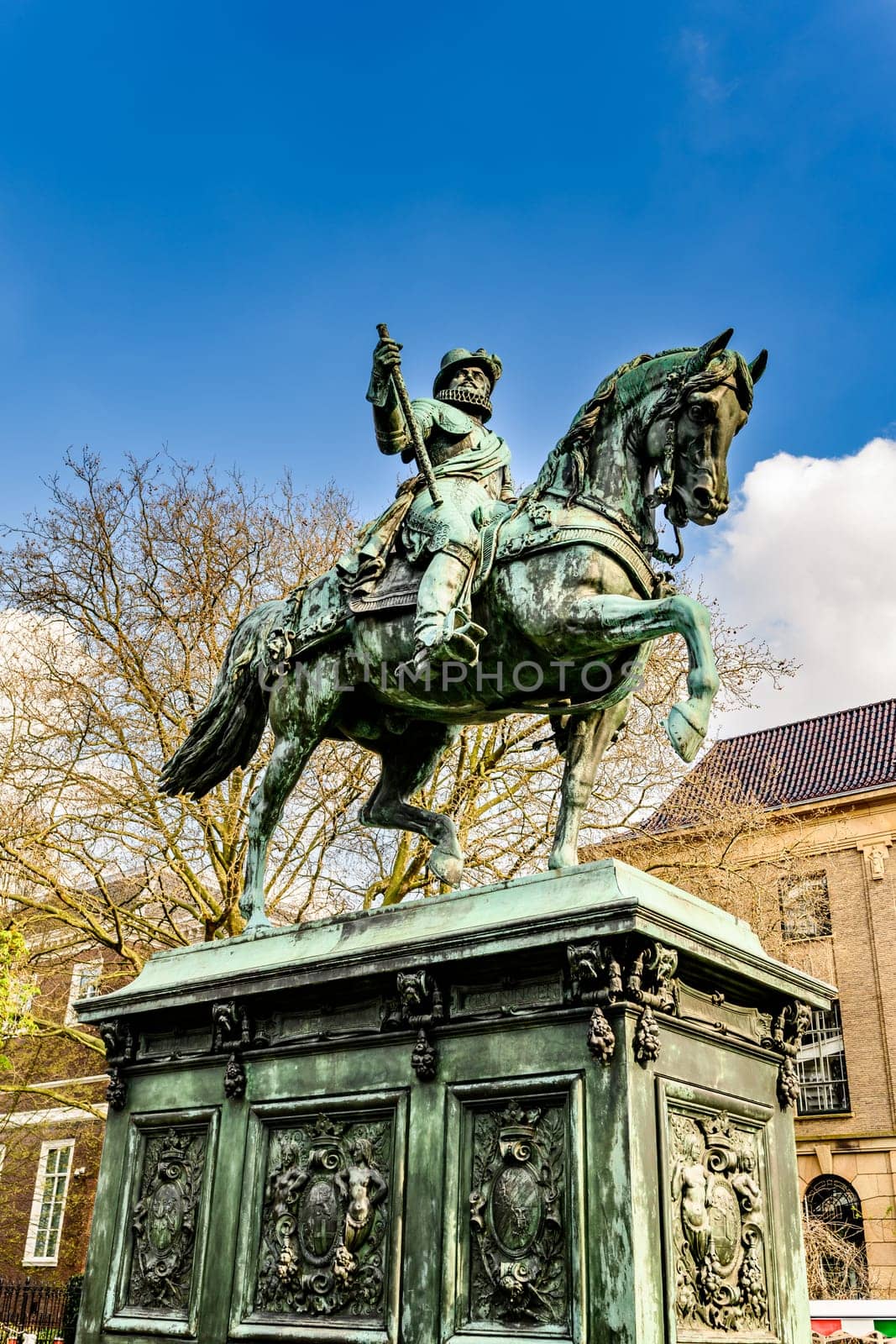 Hague, Netherland - 09 April 2023: Equestrian statue Stadtholder Prince William the 1st in the center of Hague, Netherland