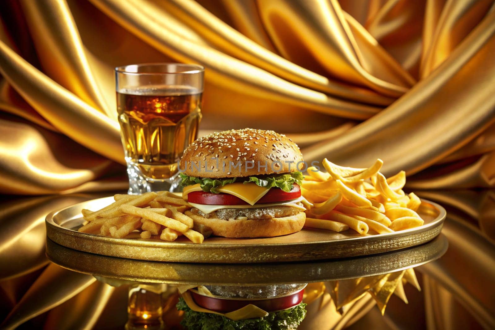 Hamburger, french fries and soda on a gold plate on a red satin background. Luxury fast food concept. Ai generated image