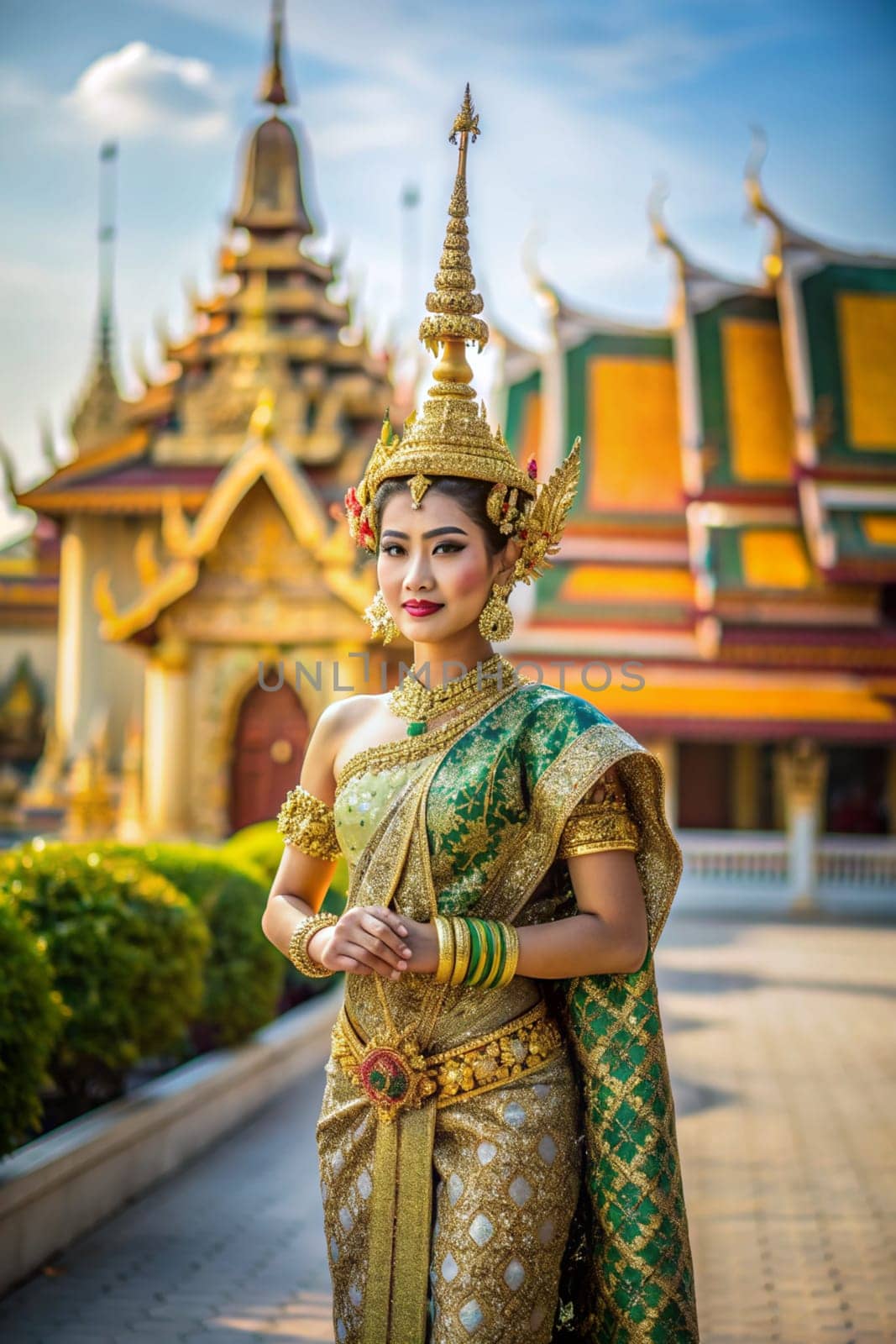 Thai woman in traditional clothes of Thailand against the background of the palace. Ai generated by alenamoore