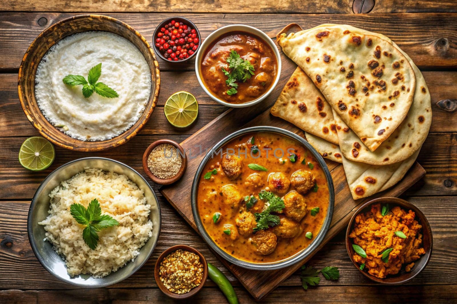 A indian dinner with paratha, curry, rice on a wooden table top view. Ai generated image