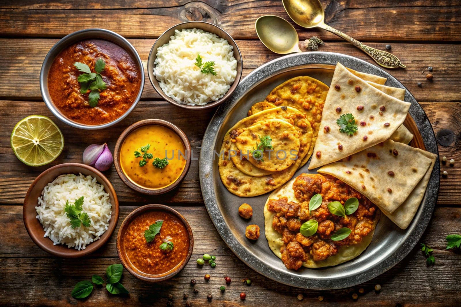 A indian dinner with paratha, curry, rice on a wooden table top view. Ai generated image