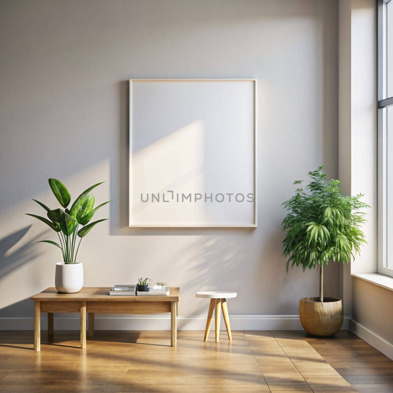 Modern Scandinavian home interior with mock-up photo frame, chair, design wooden table with books, plants in white pots. Stylish dining room. Ai generated