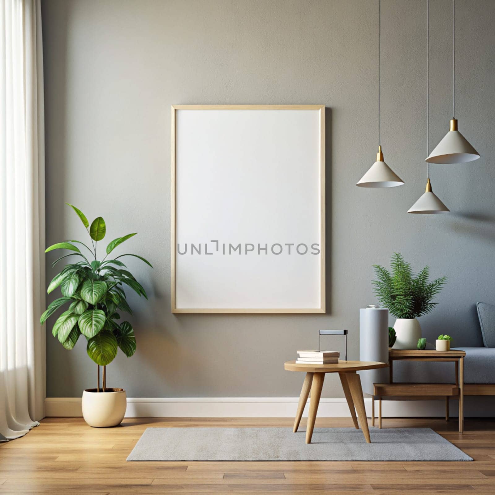 Modern scandinavian home interior with mock up photo frame. Stylish living room. Template. Ai generated by alenamoore