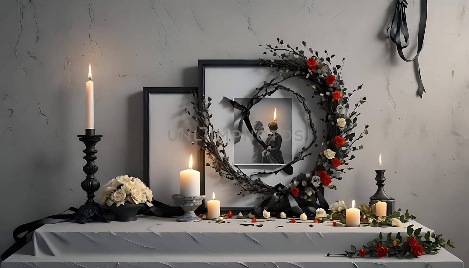A table covered with lit candles and a festive wreath placed in the center, creating a warm and inviting atmosphere.