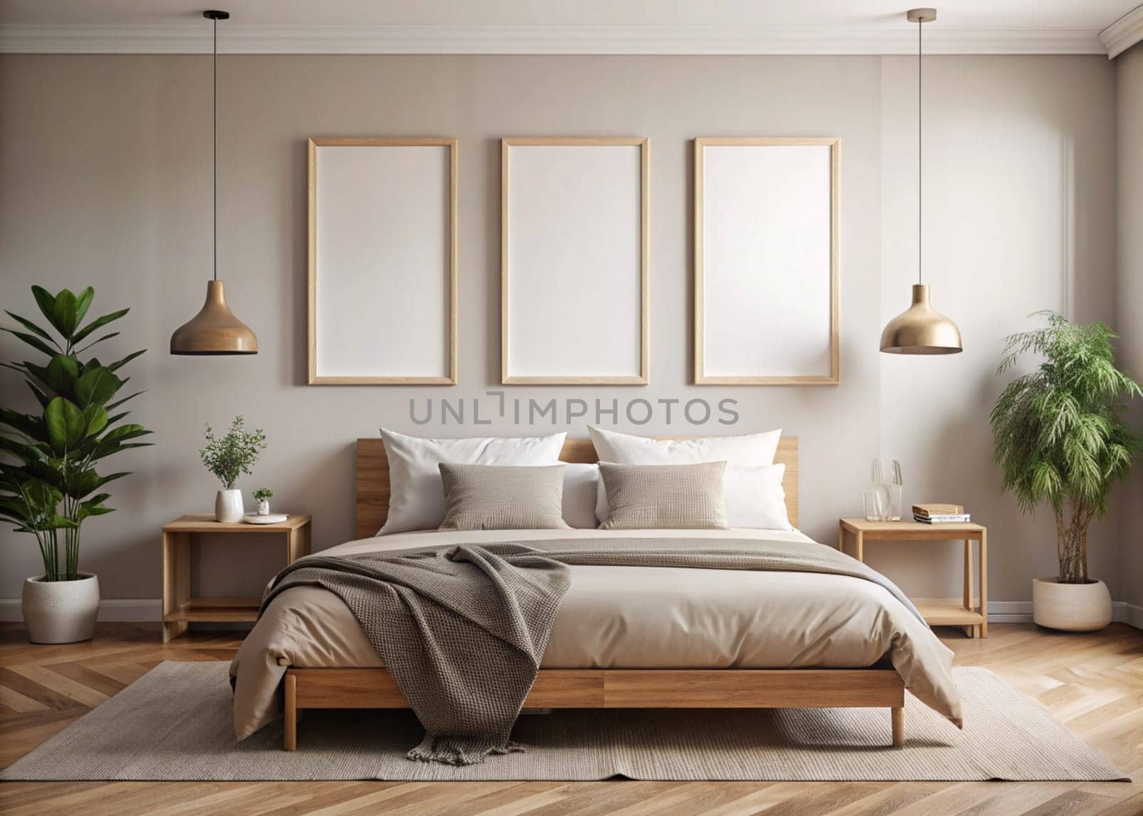 Modern Scandinavian home interior with mock-up of three photo frame, bed, and plants in white pots. Stylish beige bedroom with king-size bed. Ai generated