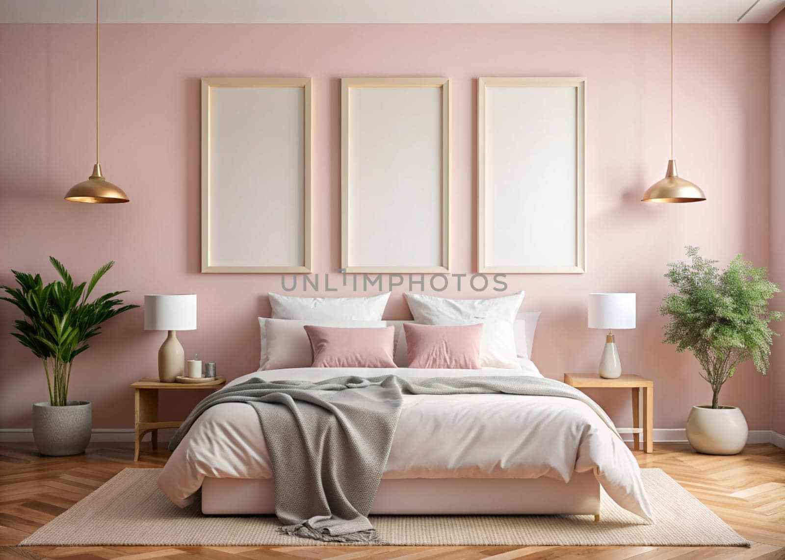 Modern Scandinavian home interior with mock-up of three photo frame, bed, and plants in white pots. Stylish pink bedroom with king-size bed. Ai generated