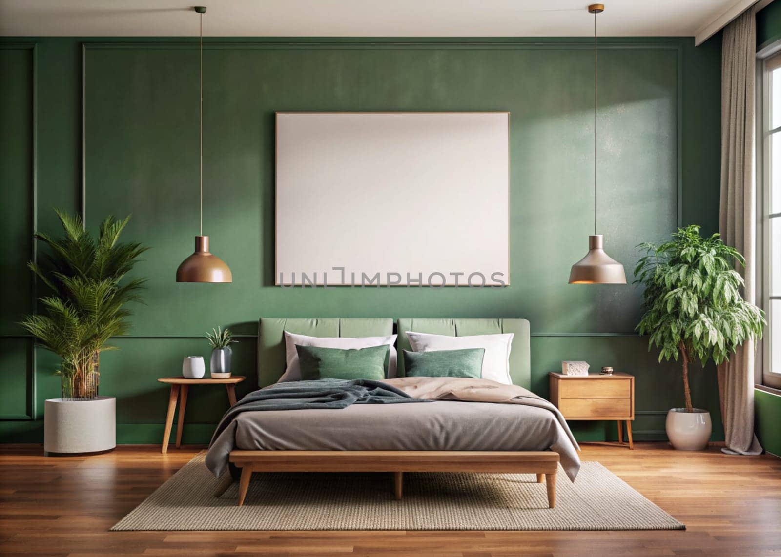 Modern home interior with mock up photo frame. Stylish green bedroom. Template. Ai generated by alenamoore