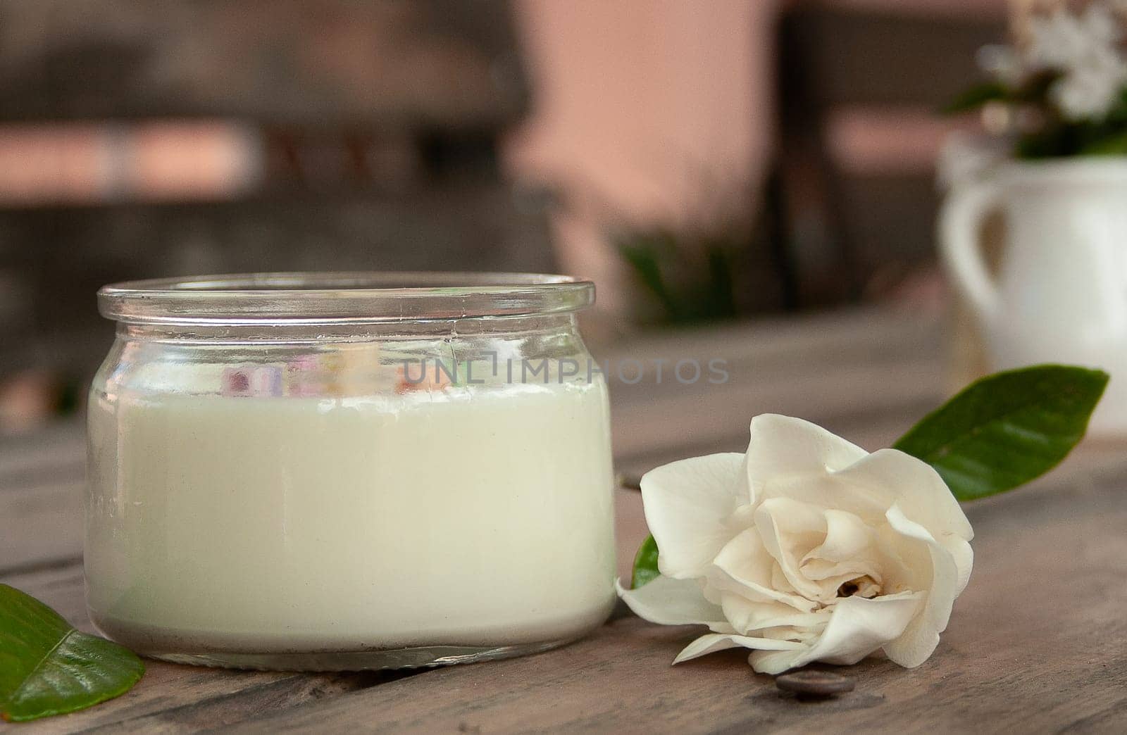 Set of spa and jasmine on rustic wooden table