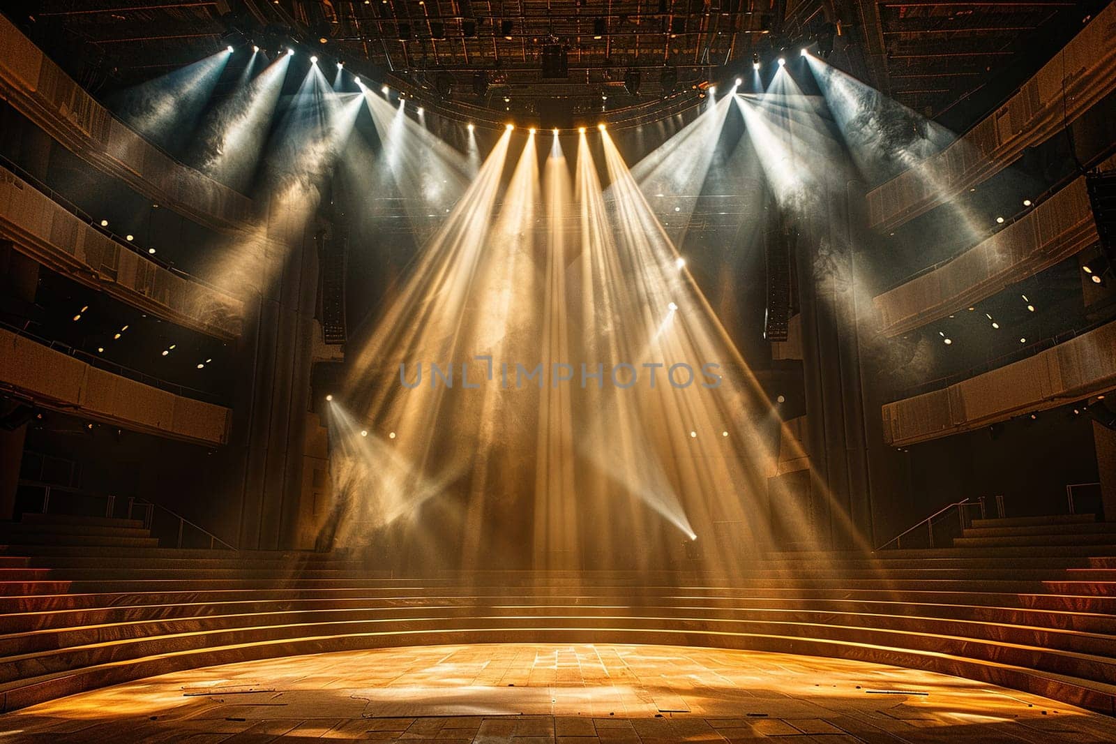 Image of the stage of an empty elegant classical theater with bright spotlights and seating.