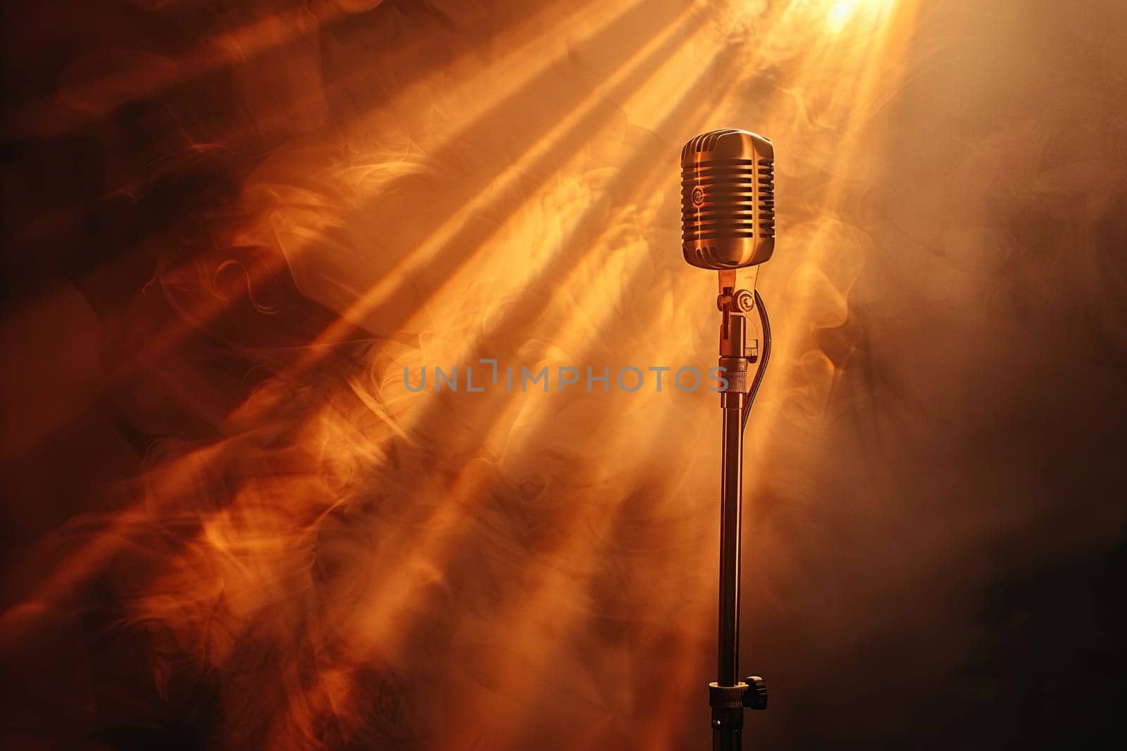 Microphone on stage in bright spotlight and smoke. Concept of performance, show, concert.