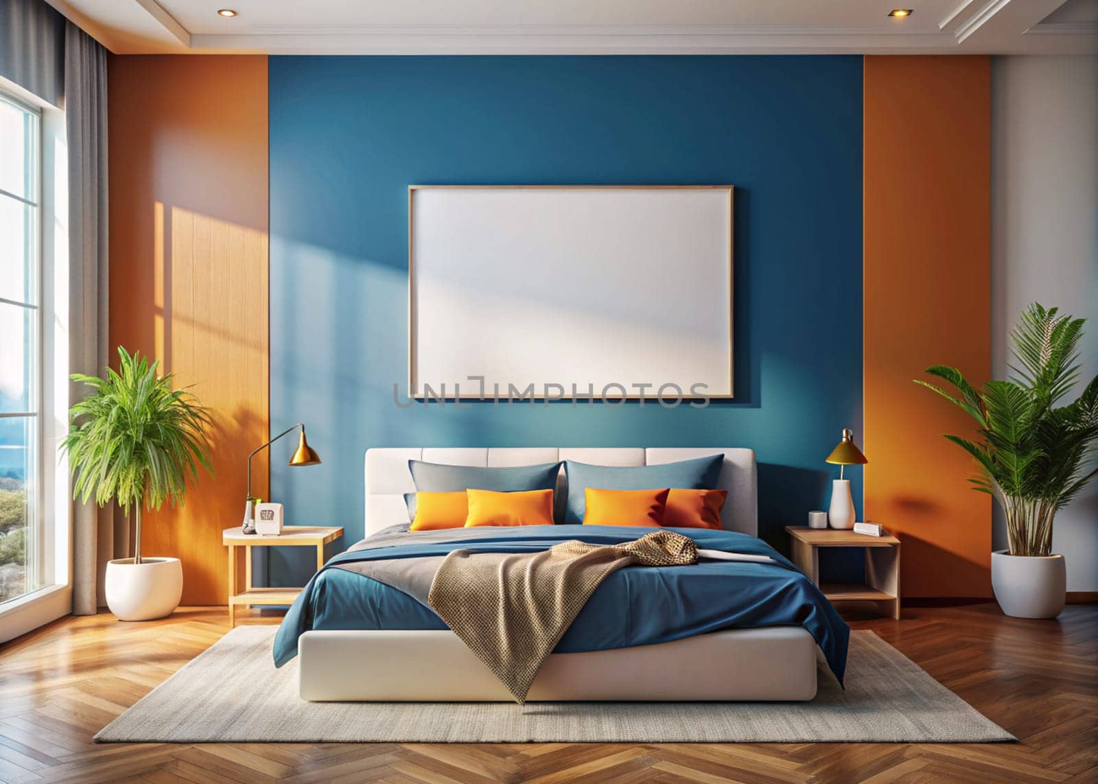 Modern home interior with mock up photo frame. Stylish orange and blue bedroomroom. Template. Ai generated by alenamoore