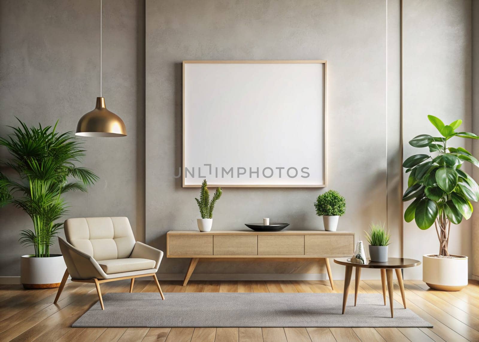 Modern scandinavian home interior with mock up photo frame. Stylish living room. Template. Ai generated by alenamoore