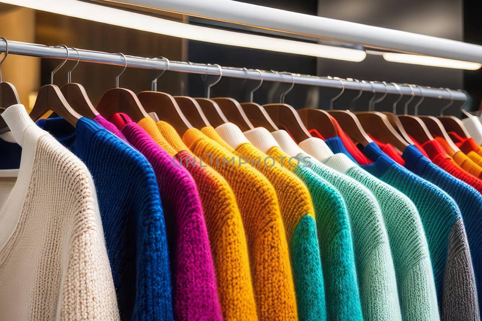 Vibrant sweaters showcased on hangers in a store, ready for shoppers