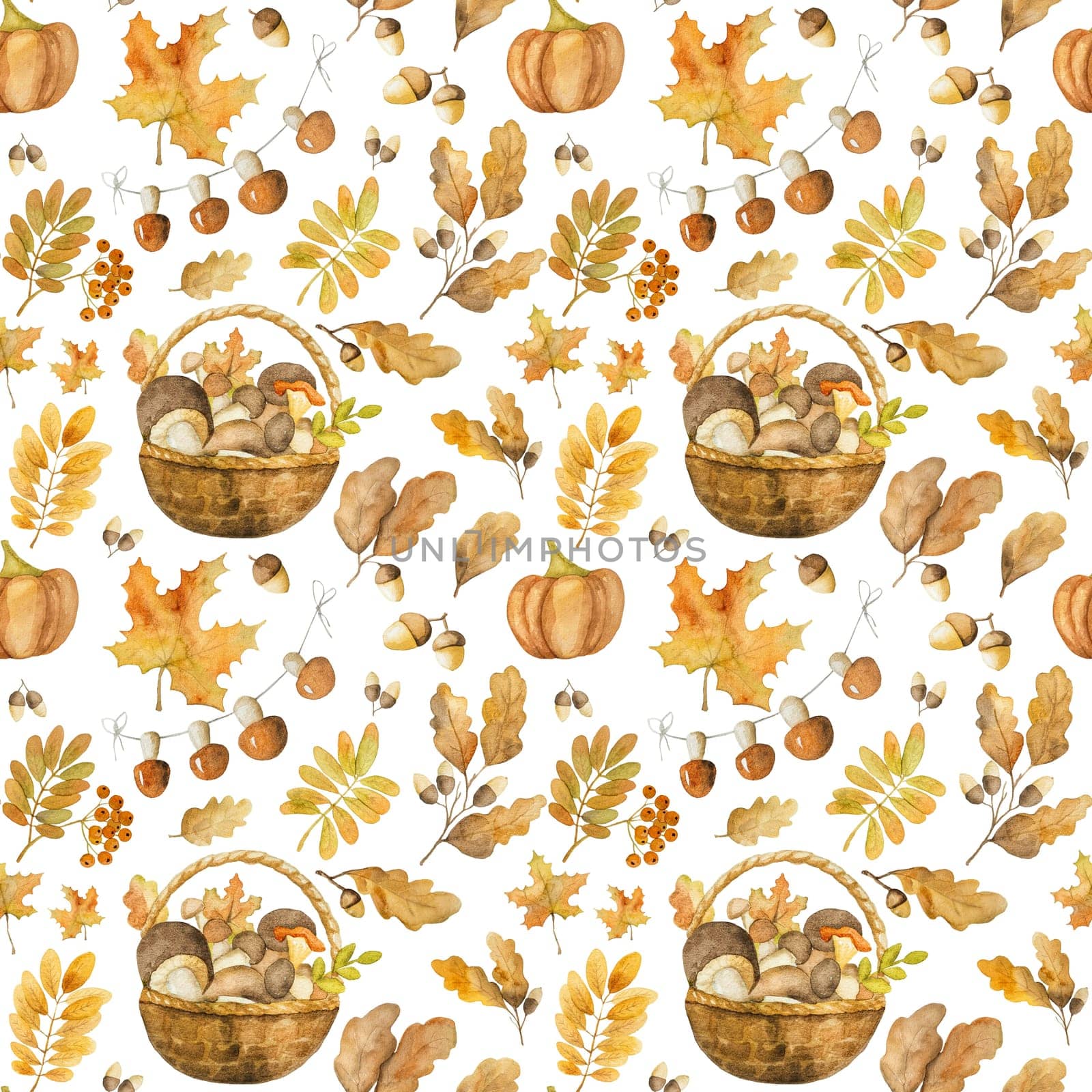 Autumn oak and maple leaves with pumpkin watercolor drawing seamless pattern. Fall season foliage with acorns aquarelle painting