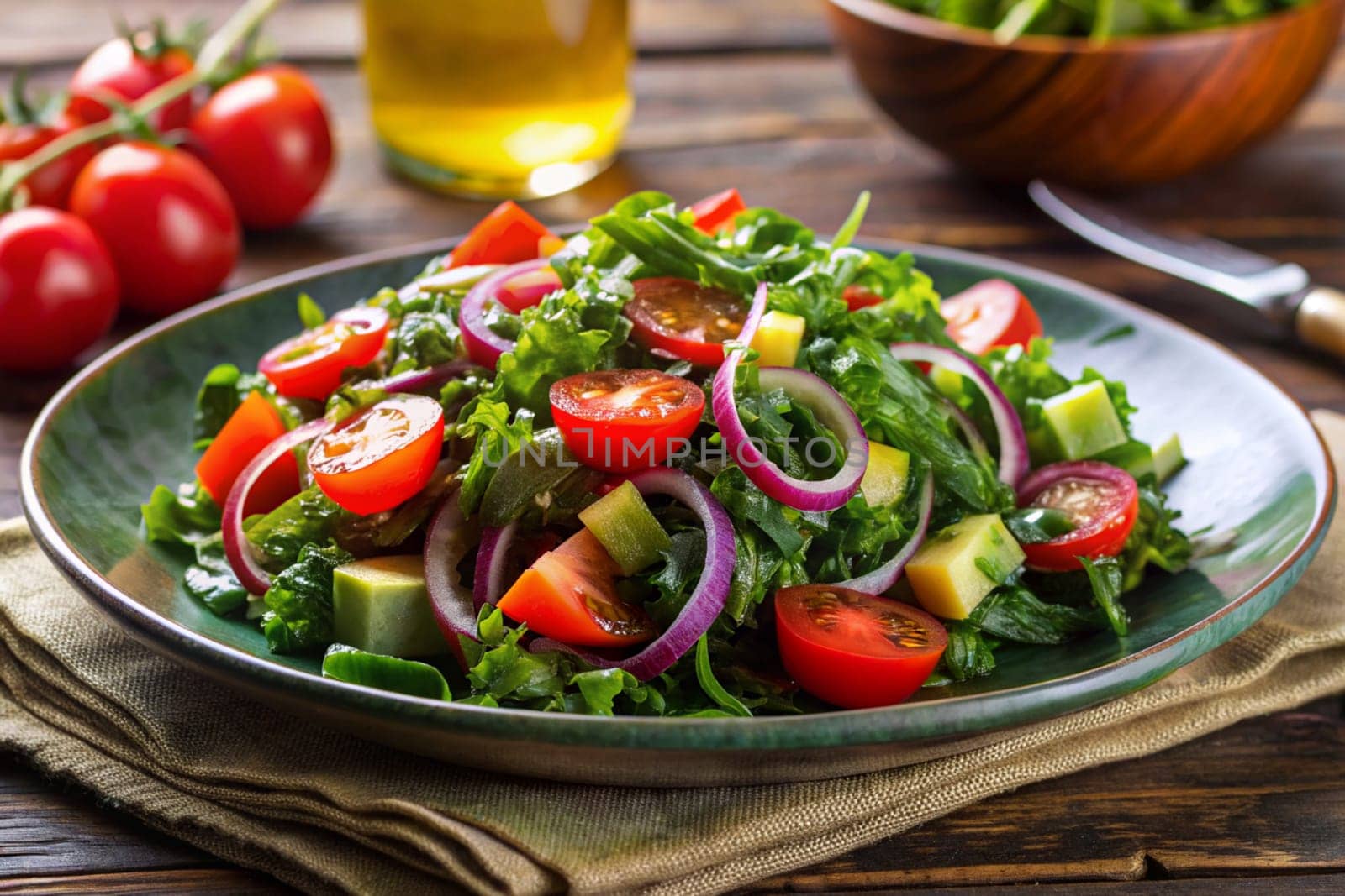 Healthy green salad with avocado, cherry, red onion, and fresh vegetables with olive oil. Ai generated image.