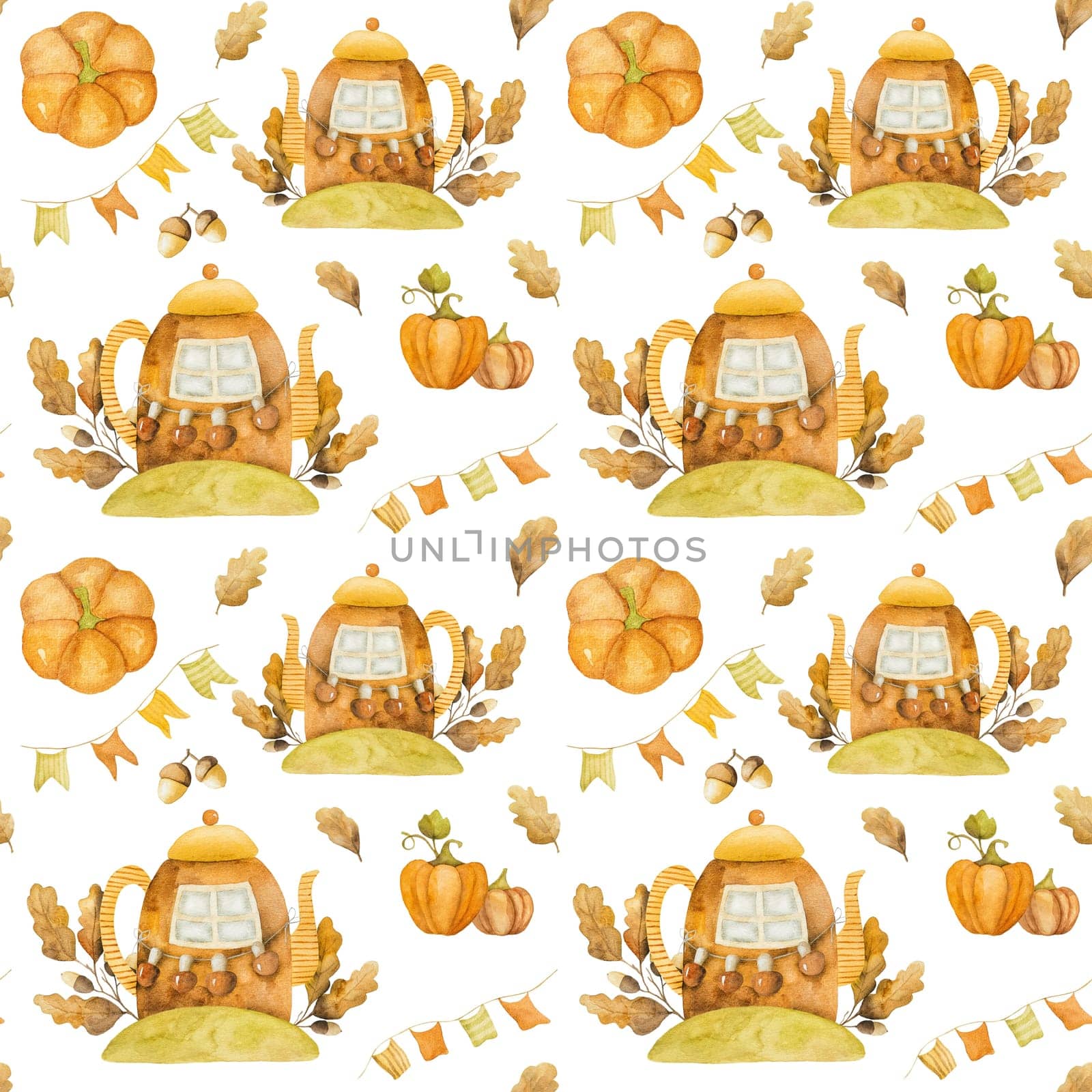 Autumn kettle cartoon house with oak leaves, mushrooms and acorns watercolor painting. Fall teapot home with foliage decoration