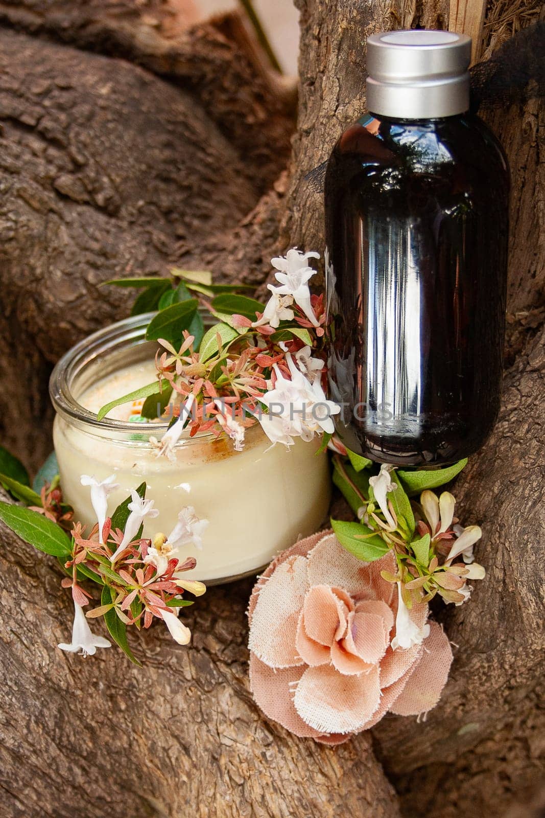 White and light pink flowers decorating essential oil on tree trunk. Spa concept by VeroDibe