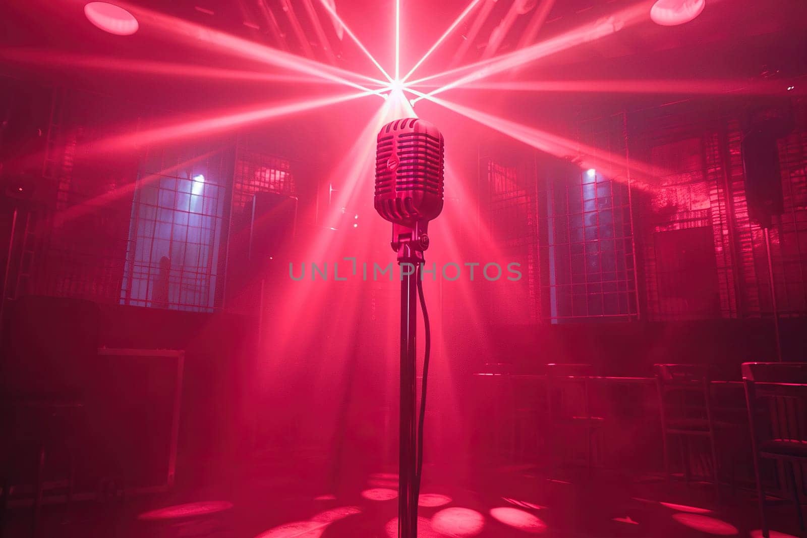 Professional microphone on stage in a bar in the pink rays of a spotlight.