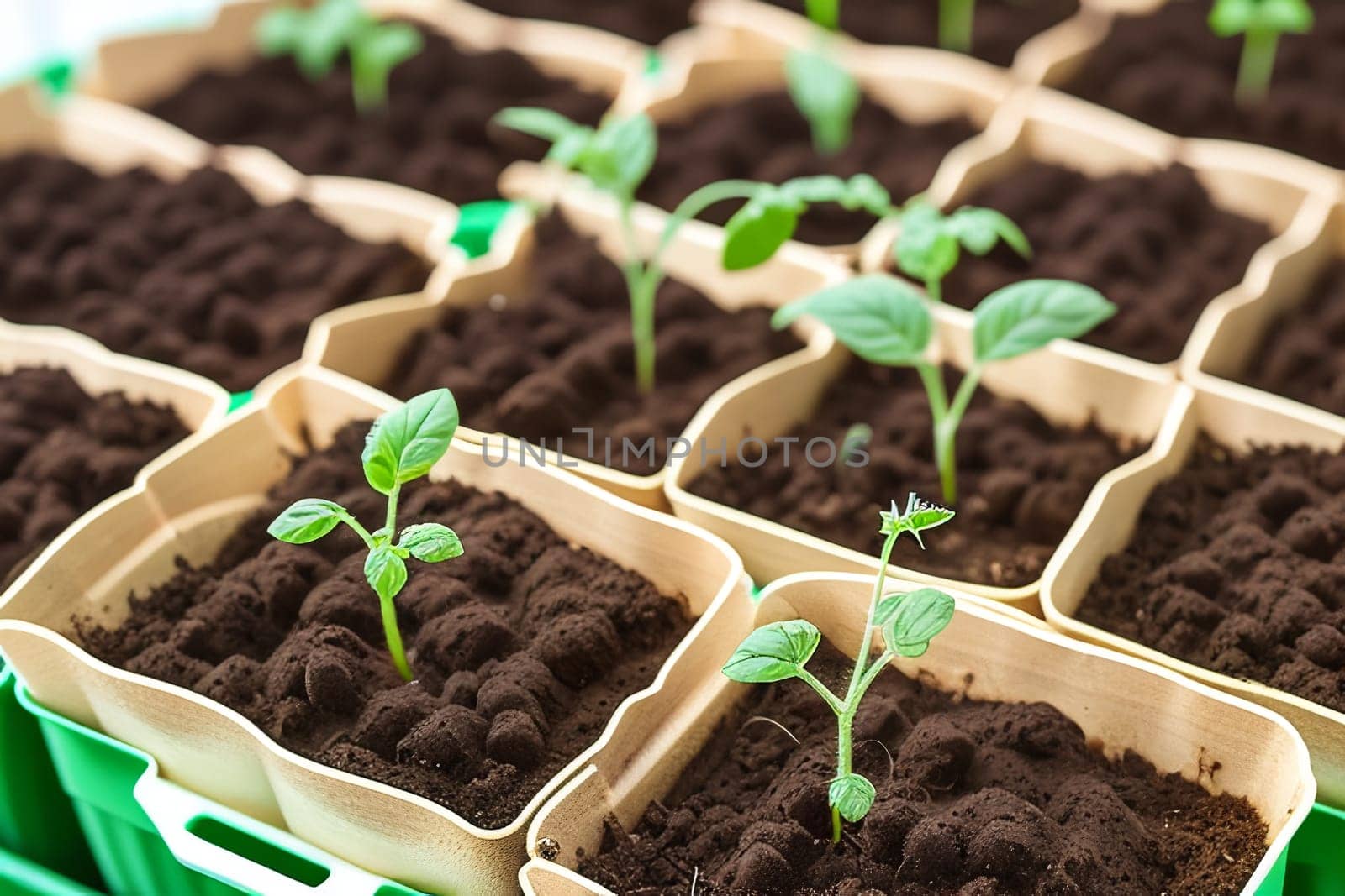 Tomato seedlings.The seedling of the bushes of tomatoes of different varieties. Sown tomatoes in cardboard peas with peat content