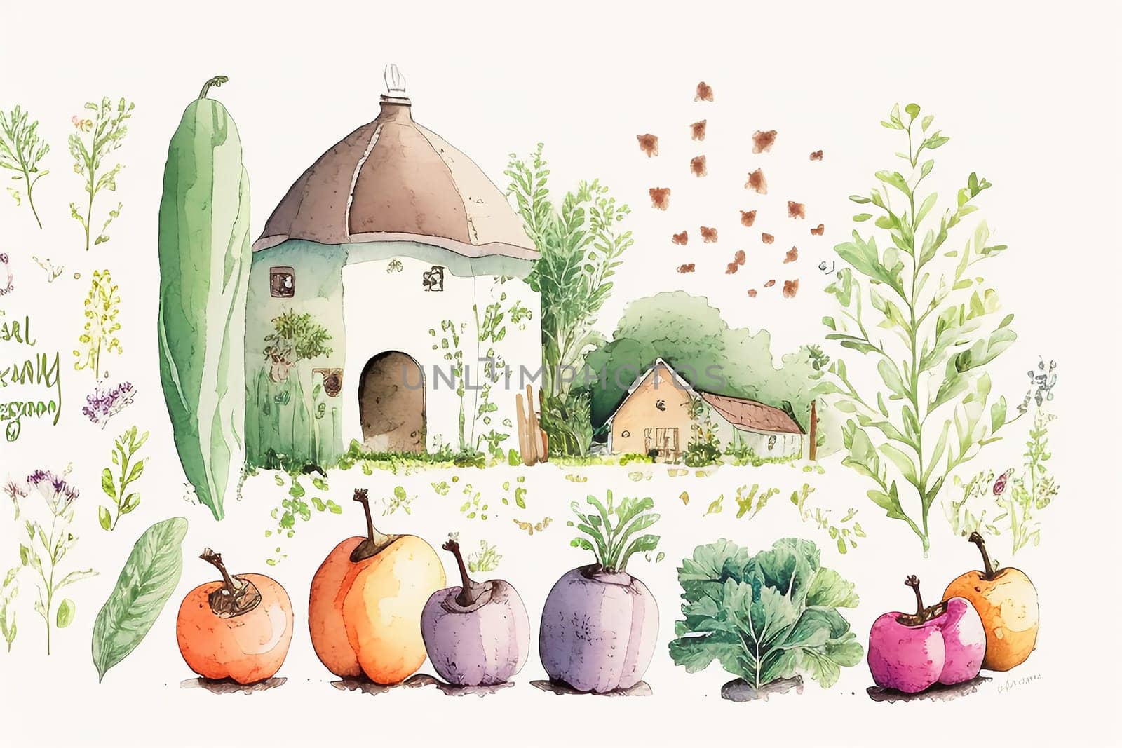 The concept of gardening in watercolor style. Garden supplies.