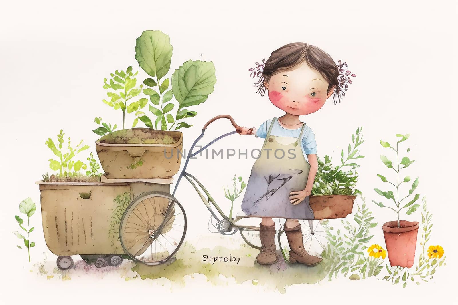 The concept of gardening in watercolor style. Garden supplies.