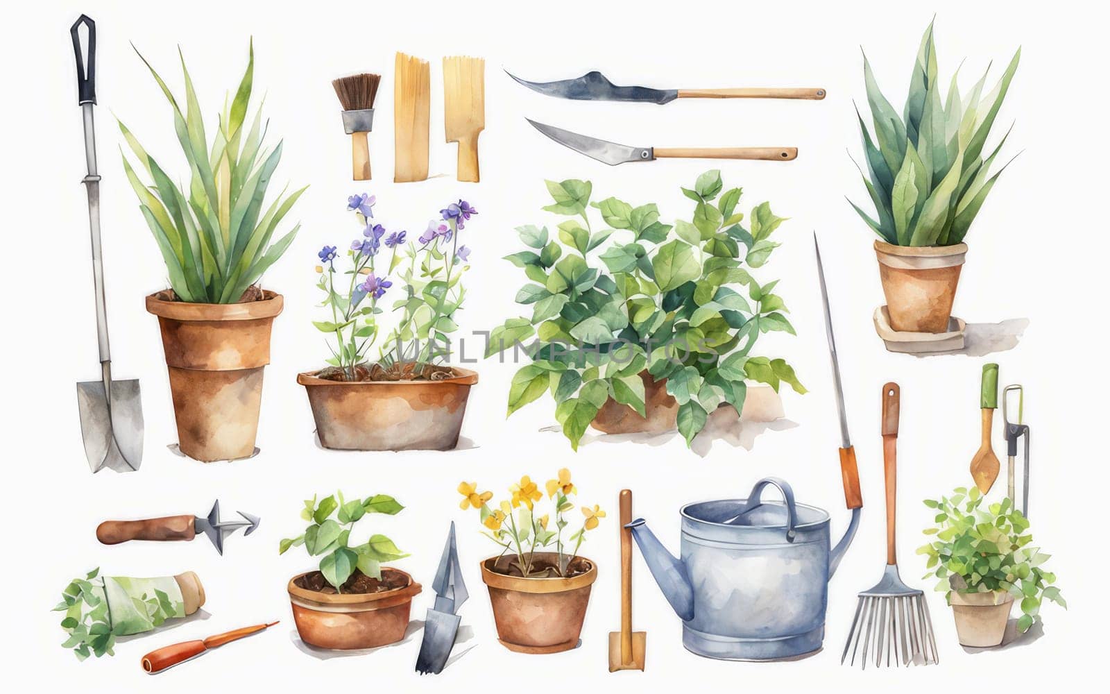 Artistic watercolor depiction of garden essentials, bringing to life the concept of gardening through a creative and visually appealing composition