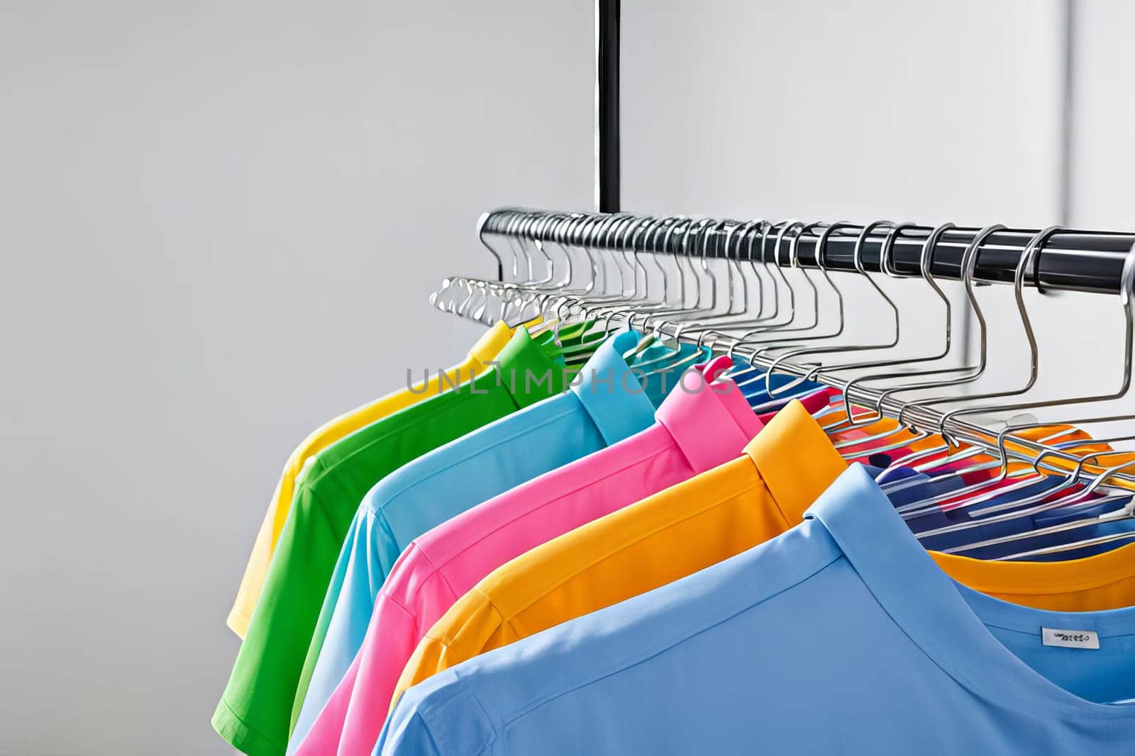 Step into a space where bright colored shirts sway on wire hangers, inviting a sense of cheerfulness and a light, airy atmosphere