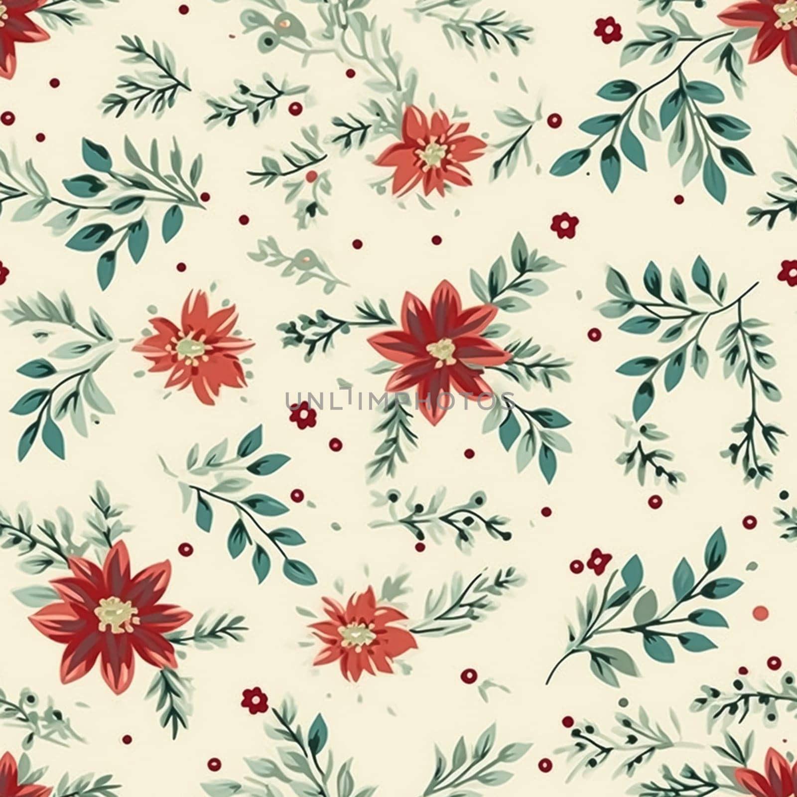 Seamless pattern, tileable vintage holiday botanical poinsettia Christmas country print for wallpaper, wrapping paper, scrapbook, fabric and product design art