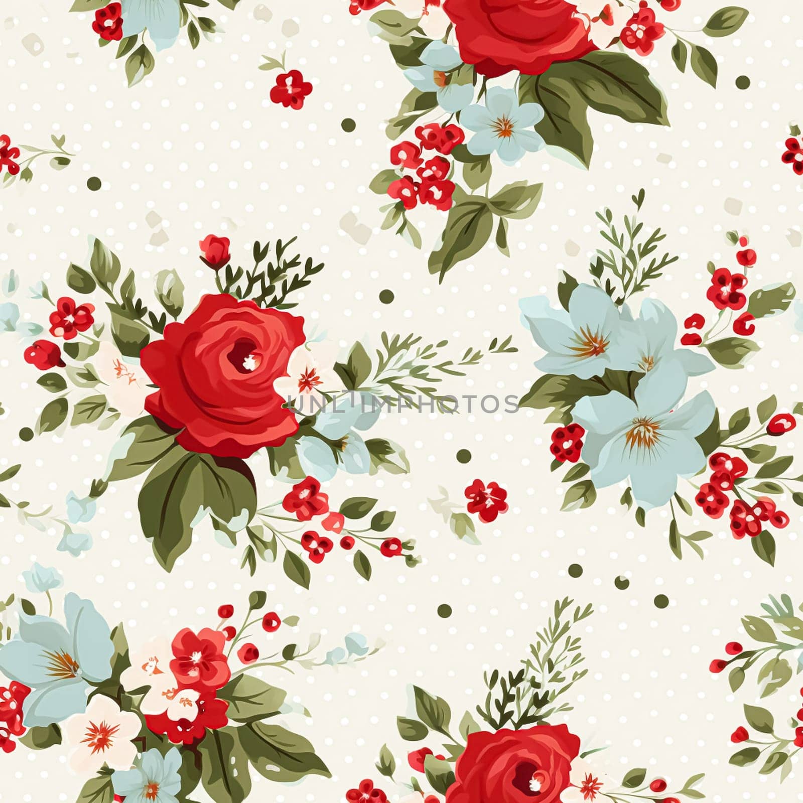 Seamless pattern, tileable Christmas holiday floral, country flowers dots print, English countryside roses for wallpaper, wrapping paper, scrapbook, fabric and product design motif