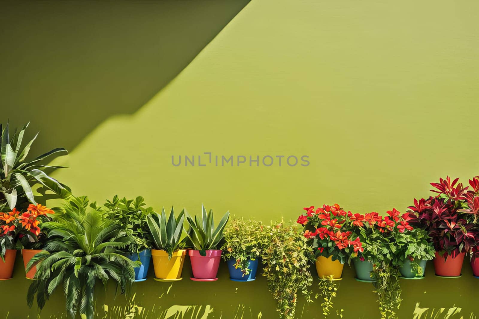 A row of vibrant tropical plants in colorful pots set against a bright blue wall. The lush greenery and bold, contrasting colors create a striking and lively composition