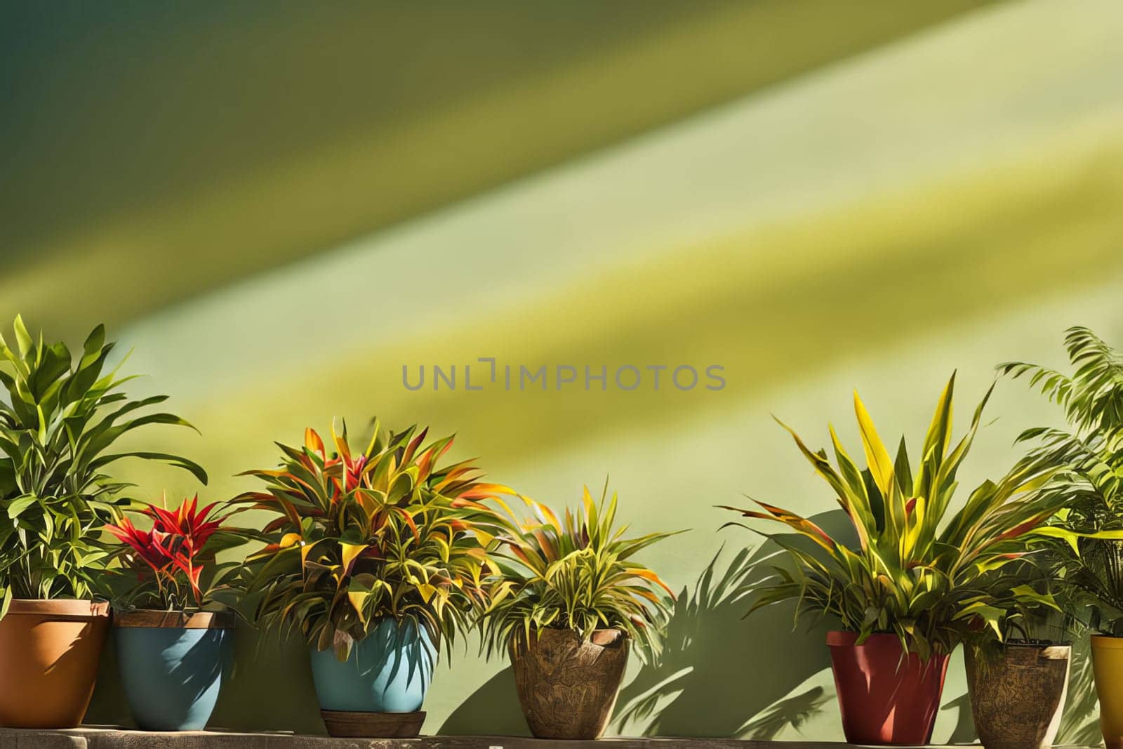 A row of vibrant tropical plants in colorful pots set against a bright blue wall. The lush greenery and bold, contrasting colors create a striking and lively composition